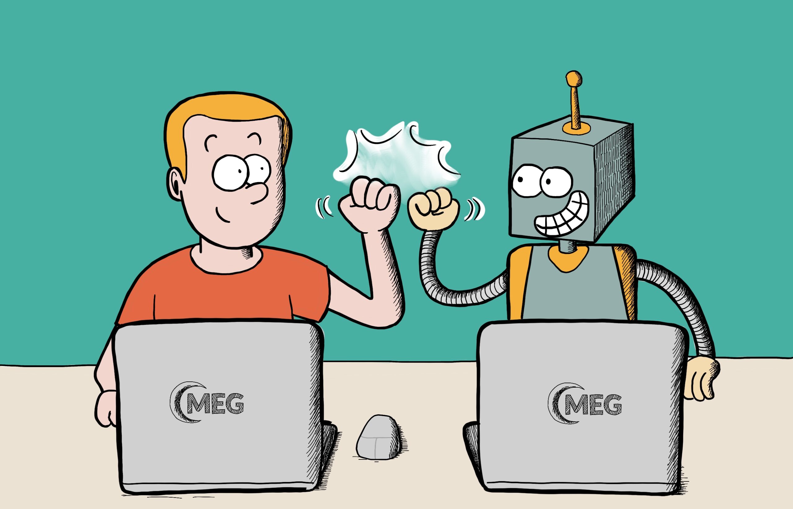 Un robot et un humain qui se font un check assis derrière leur PC.