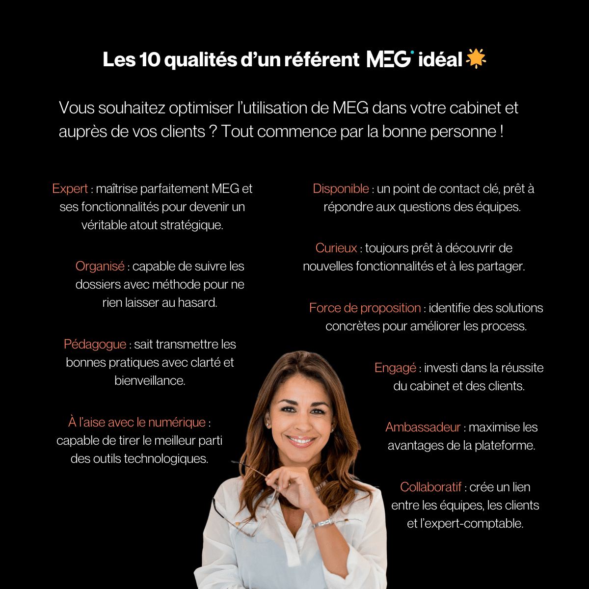 Infographie avec une photo d'une femme et du texte autour, listant les 10 qualités d'un référent MEG idéal