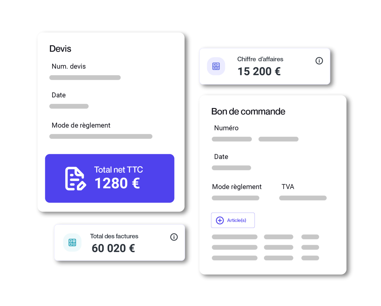 tuiles fonctionnalités de MEG : logiciel des entreprises pour gérer leur quotidien comme les factures, devis notes de frais