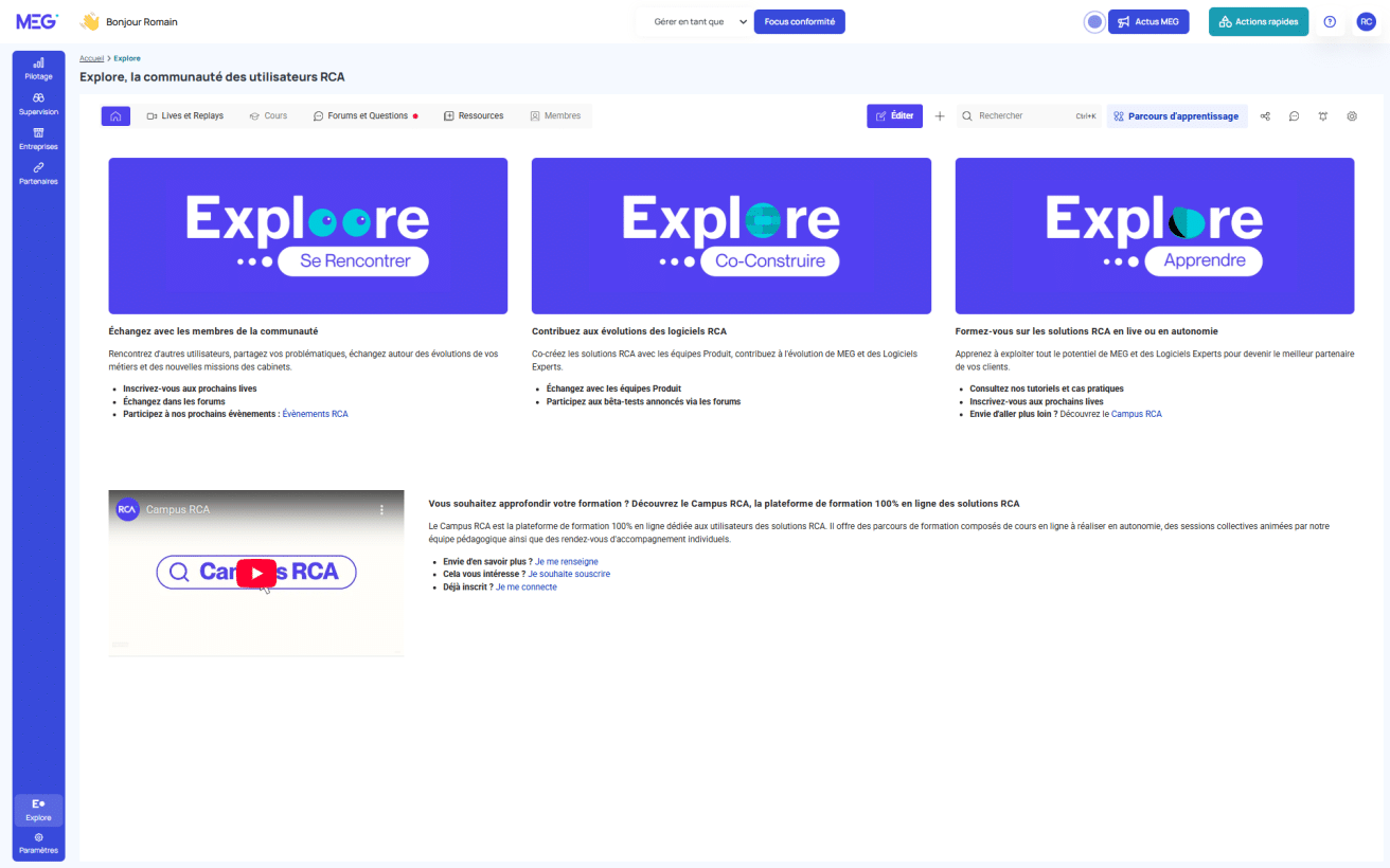 Espace Explore sur le portail de connexion de MEG